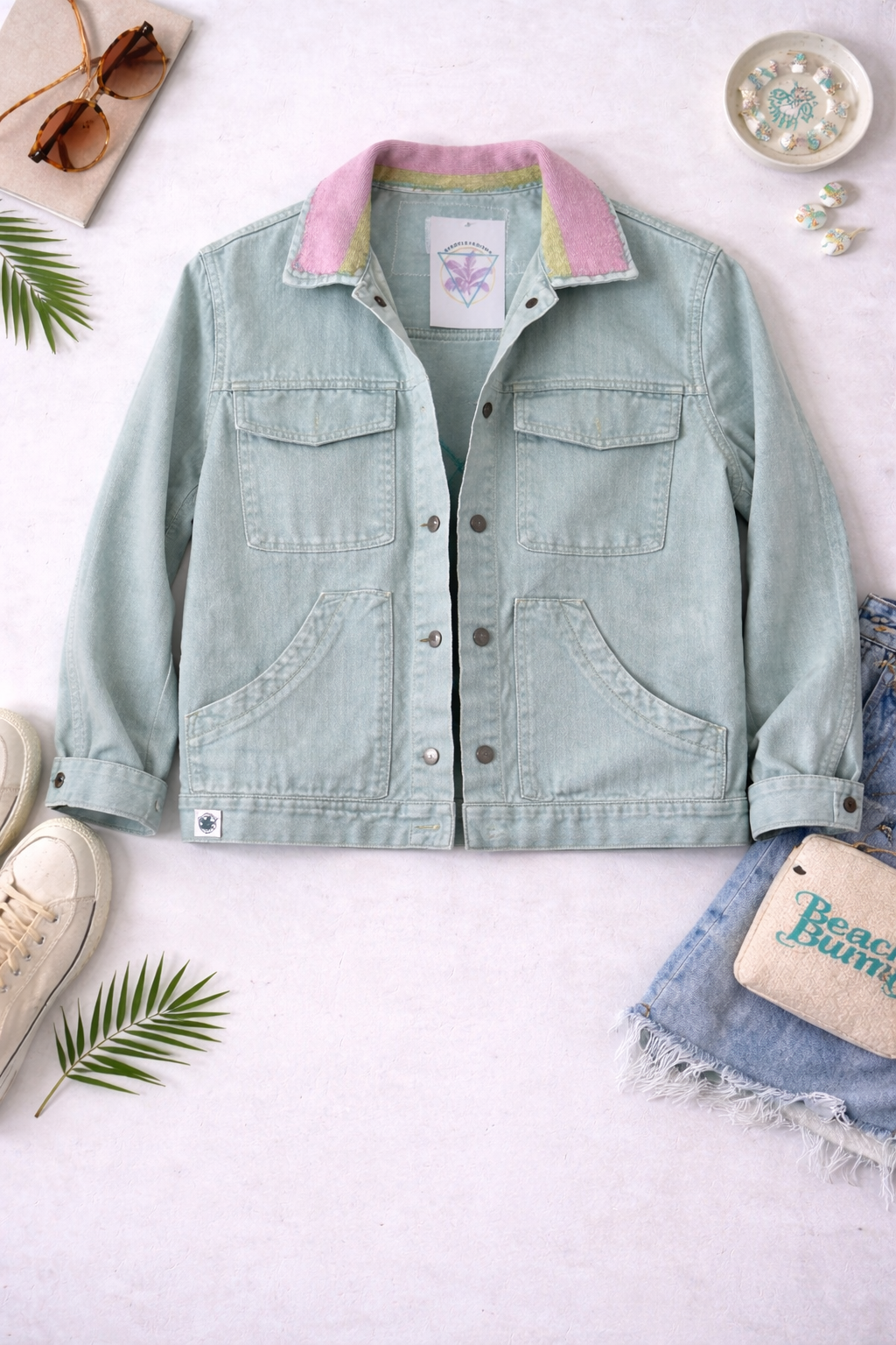 Light blue denim jacket with a colorful collar on a white surface with accessories.