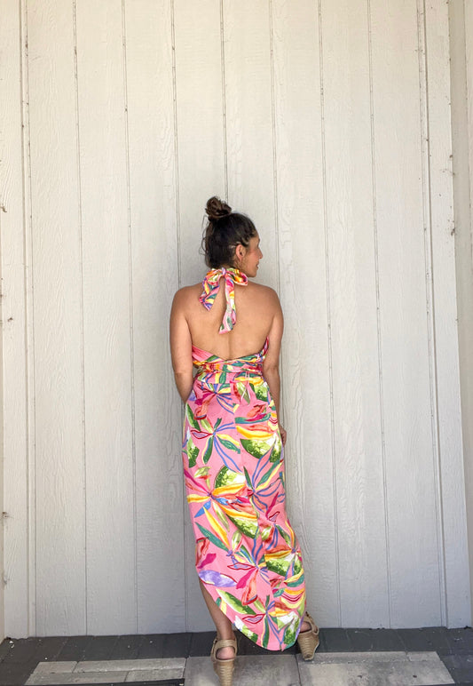 Pink Tropical Halter Dress