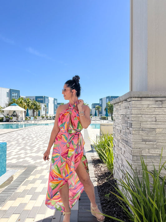 Pink Tropical Halter Dress