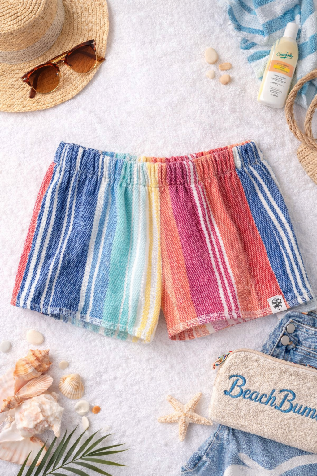 Colorful striped beach towel shorts on a sandy surface with beach accessories.