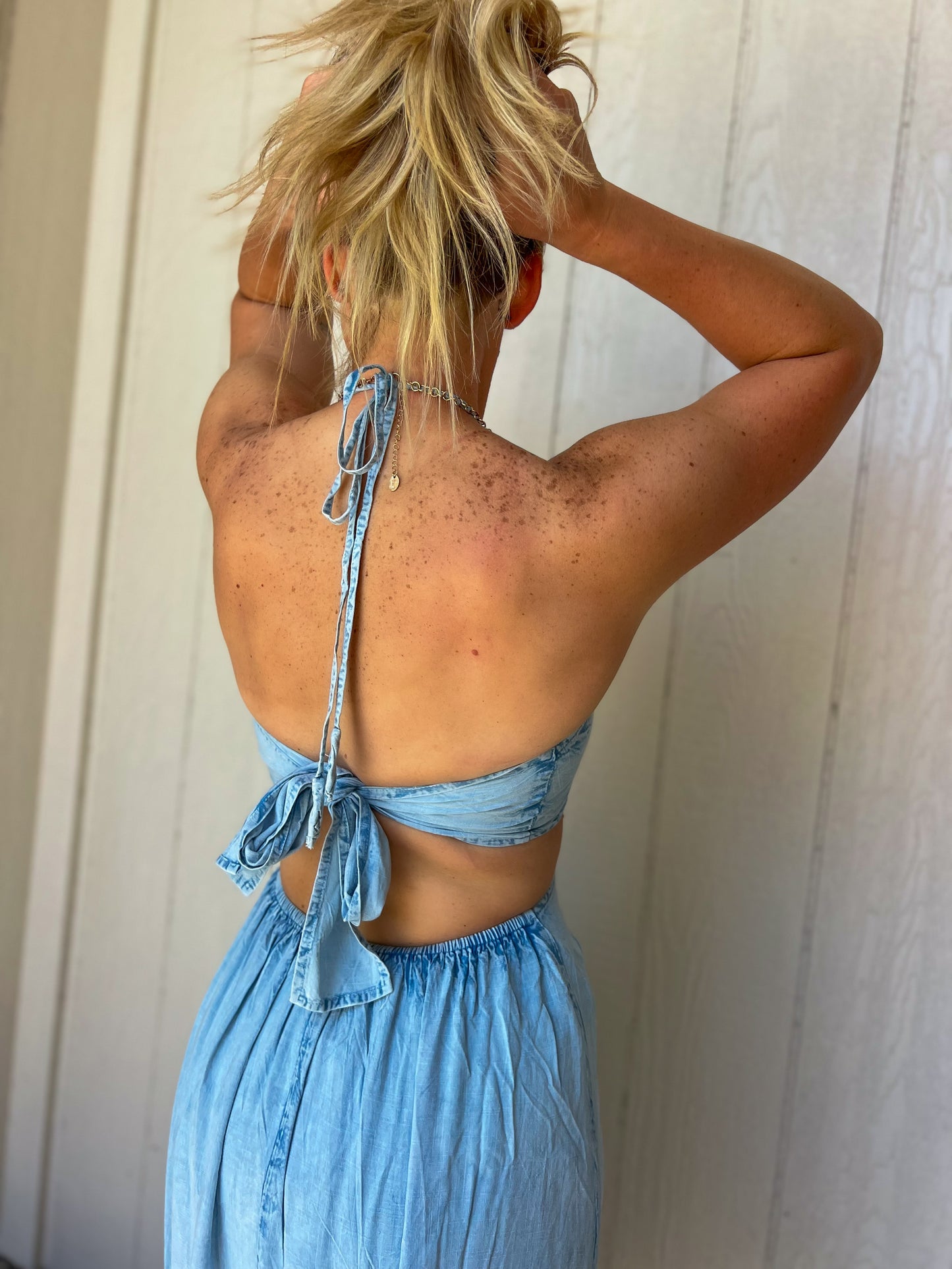 Blue Skies Tie Halter Dress