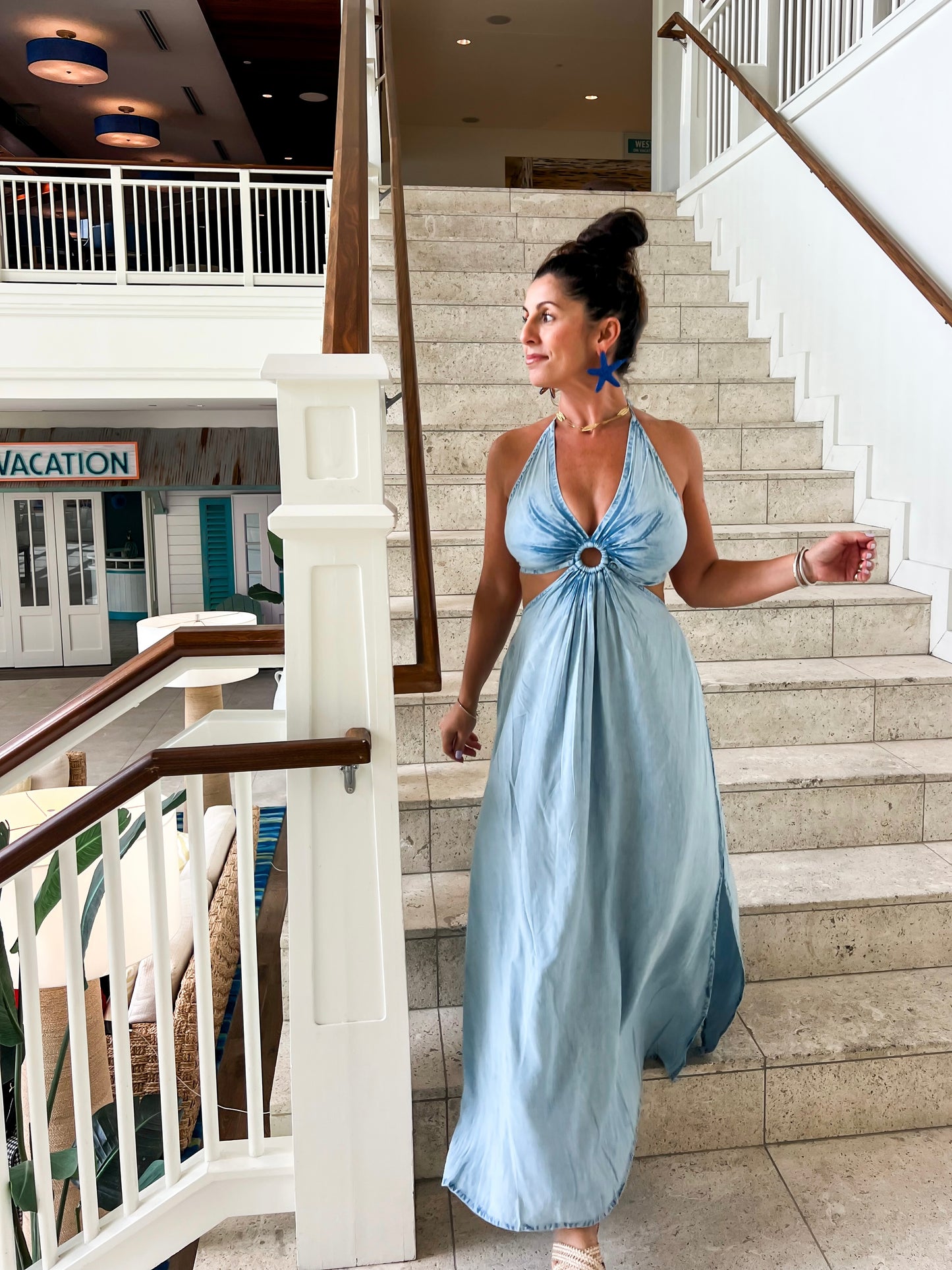 Blue Skies Tie Halter Dress