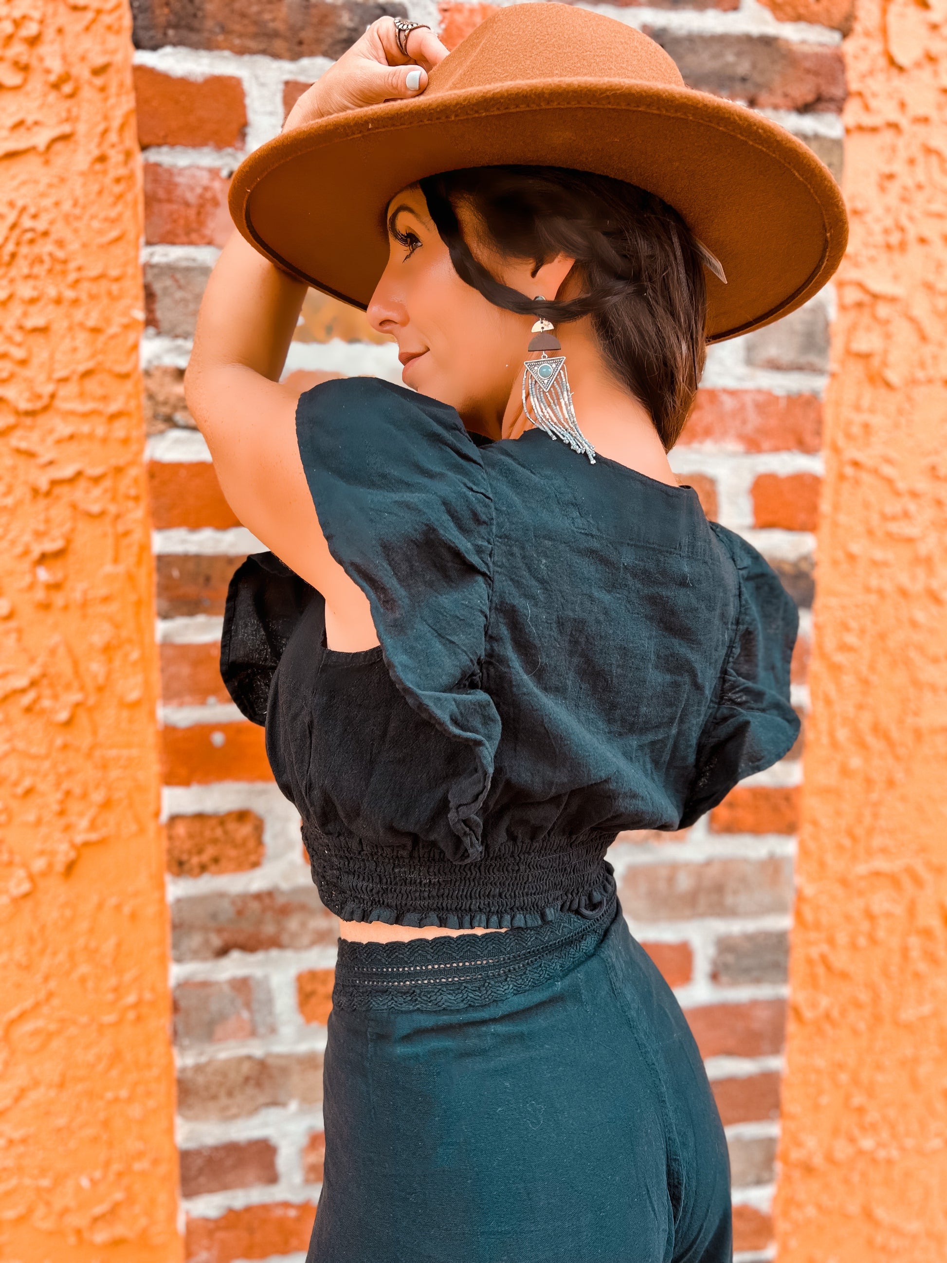 black ruffle sleeve women's top